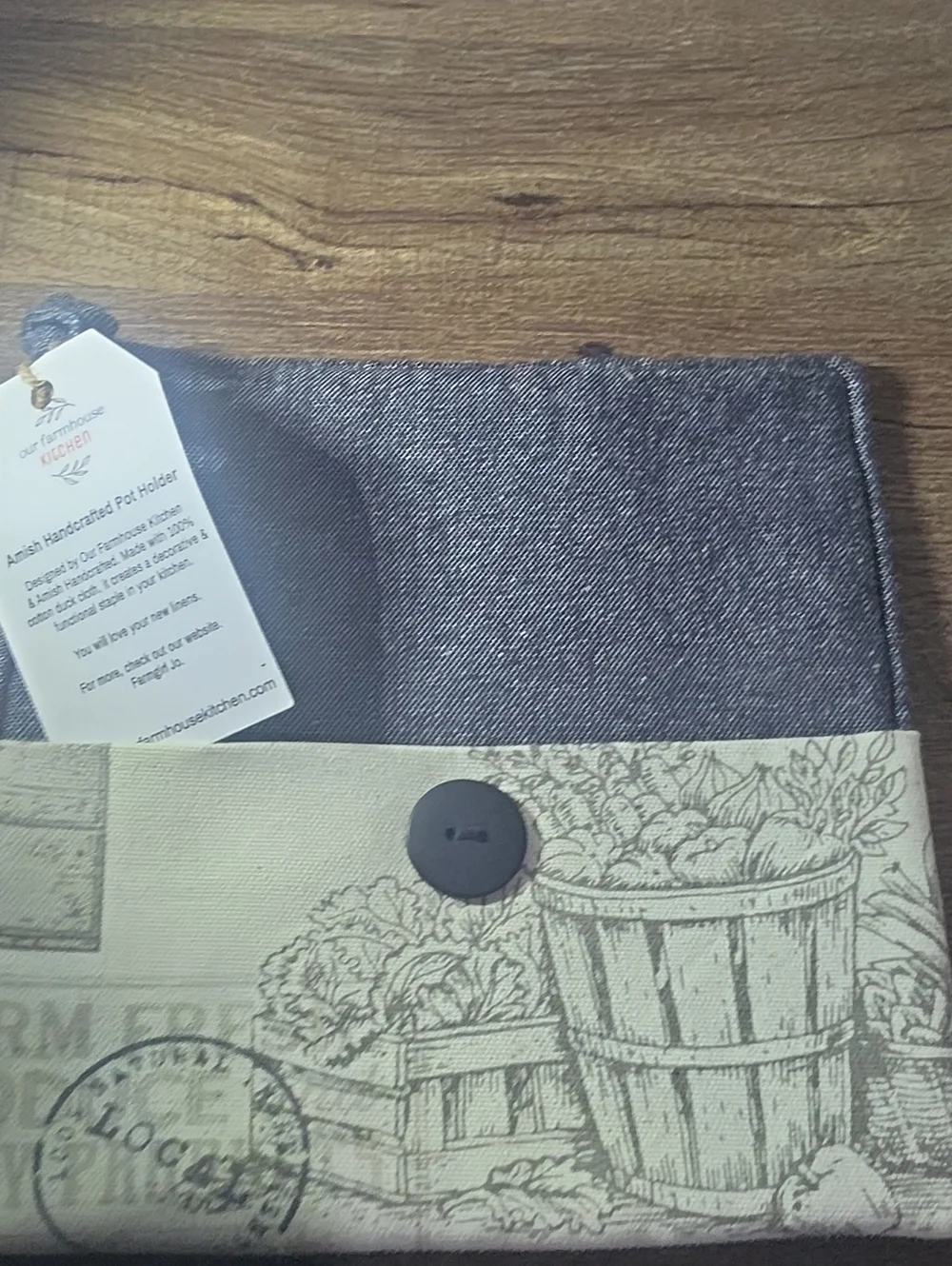 Our Farmhouse Kitchen Gray and Cream Pot Holder with Button Accent